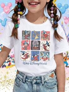 Disney World Sorcerer Mickey Fantasia Retro 9-Panel Grid Magic Kingdom Printed Pattern T-Shirts For Girls - Children's Clothing Design Short-Sleeved Casual And Cute Style Comfortable And Casual Wear All Year Round Suitable For Parties And Play Machine Washable Gift Children's Clothing Girls' Short-Sleeved Shirts - trắng - Xem 1