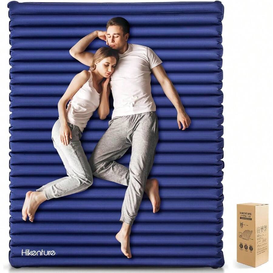 Colchoneta inflable de 10 cm para camping para 2 personas, compacta y ligera, ideal para mochileros, senderismo y actividades al aire libre con bolsa de inflado incluida - Saco de calabaza azul marino - Ver 1