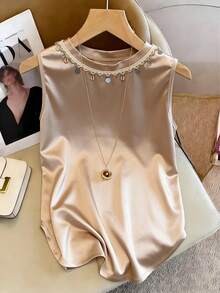 Women's Fashion Commuter Satin Round Neck Shell Decor Sleeveless Loose Tank Top Casual Vacation Summer - Champagne - View 1