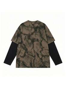 JUTU Spring & Autumn Casual Cute Hand-Painted Pattern All-Over Print Patchwork 2 In 1 Long Sleeve Round Neck Loose Knit Coffee & Black Top, Suitable For Vacation & Street Carnival - 409 Coffee Black - KJ0213 - View 7