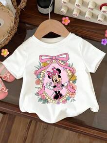Disney Baby Girls' T-Shirt, Featuring The Cartoon Pattern Of Mickey Mouse In A Flower Field. Spring/Summer Style Round-Neck Baby Girls' T-Shirt. The Fabric Is Soft, Comfortable And Breathable, Suitable For Daily Casual Wear, For Going Shopping, Going To School, Playing, Etc. It Can Also Be Used As A Beautiful Gift. - 白色 - 查看 2