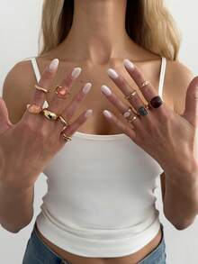 Set de 12 anillos de aleación asimétrica con incrustaciones de acrílico, con un toque lujoso, adecuados para el uso diario de las mujeres, regalo para amigos y familiares - Dorado - Ver 4