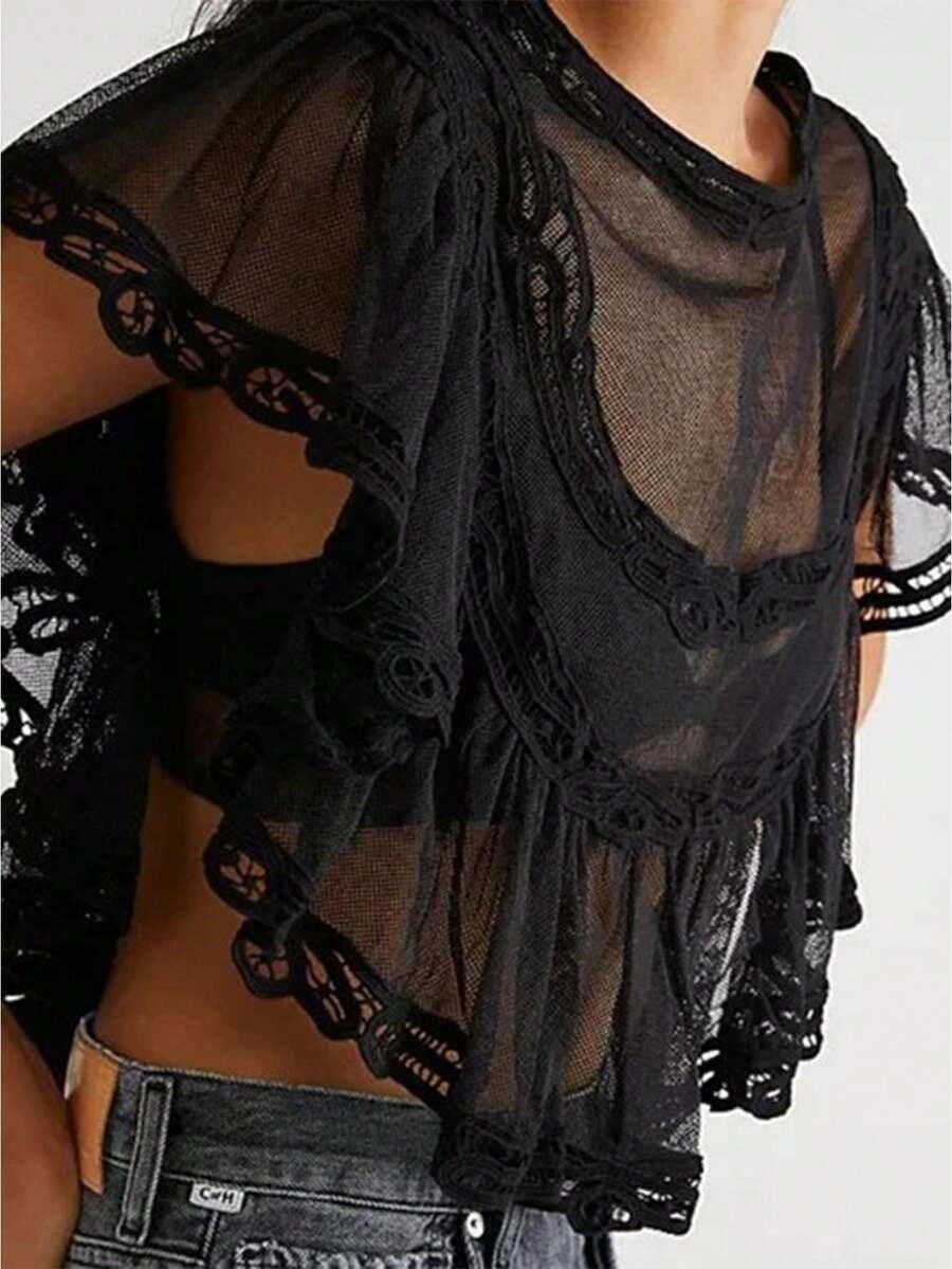 Women's Sheer, Wide-Neck, Cutout Top With Ruffled Hem; Women's Beach Cover-Up Top; Women's Versatile Sheer Street Style Top. - màu đen - Xem 1