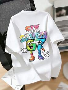 男童“SIX SEVEN-Italian Swag”彩色数字67卡通印花T恤，适合日常穿着、街头风、校园风，休闲百搭的夏季男童上衣 - 白色 - 查看 6