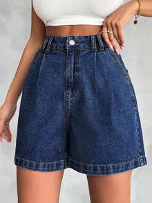 Women's High-Waisted Pleated Denim Shorts Vintage Wash Baggy Wide-Leg Jean Shorts - 深藍色 - 查看 4