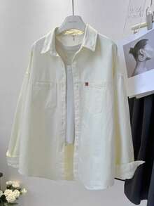 Women's Solid Color Front Button Pocket Casual Shirt Spring - Apricot - View 4