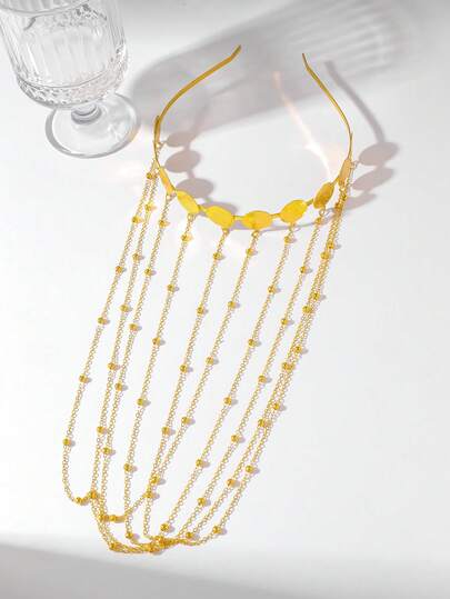 1pc Double-Layer Coin Ottoman Pattern Face Chain Headband, Tasseled Headpiece For Daily, Party, Festival Wear, Bohemian Style, Vintage Moroccan Plated Gold Luxurious Hair Accessory Jewelry