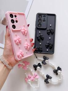 1pc Pearl Mini Bow + Wrist Strap Marble Compatible With Apple 7/8/X/XR/XS Max/11/12/13/14/15/16/17 Pro Max, Galaxy A14/A15/A16/A17/A04/A05/A06/A07/A54/A55/A56/A57/A34/A35/A36/A37/S26/S26 Plus/S26 Ultra, Transsion SMART7/8, G05, Honor 400/400 Pro/400 Lite Soft Full Coverage Phone Case - Heavenly Eye Black - View 5