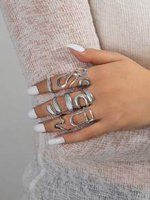 Set de 8 anillos geométricos de varias capas, anillos de moda de múltiples piezas para uso diario - Plateado - Ver 1