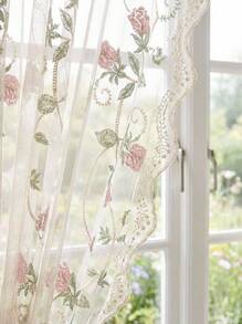 Joivida 1 件法式田园刺绣薄纱窗帘，无需钻孔，适用于阳台、卧室，适合多种场合 - 彩色 - 查看 11