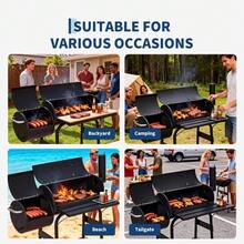 Charcoal Grills With Offset Smoker, Outdoor BBQ Grill With Handle And Wheels, Barrel Barbecure Smoker Grill Combo For Camping Picnic Patio Backyard Party - Black - View 7