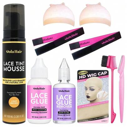 Dola Hair 7pcs Lace Wig Glue Kit, Includes Lace Tint Melting Glue, 3.8oz Lace Tint Wig Glue, Suitable For Women Wigs, Hairpieces And Hair Extensions, Create Natural Lace Color, Lace Tinting Tool Set. 7pcs Wig Installation Kit (Wax Stick, Lace Glue, Glue Remover, Styling Gel)