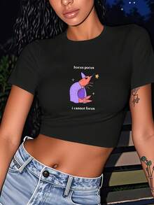 1pc I Cannot Focus Wizard Shrimp Graphic Print Women's Fashion Short Sleeve T-Shirt,Y2K Top Crop,Back To School,Vintage,Street Wear, Rock, Holiday, Vacation, Festival, Summer Tops - 黑色 - 查看 2