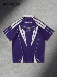 Retro Neon Purple Polo Shirt, Lightning Bolt Print, Loose Fit Short Sleeve, American Streetwear Style For Men - Mauve Purple - View 3