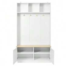 Ensemble armoire avec banc, espace de rangement ouvert et 2 portes – armoire compacte avec 4 crochets, coloris naturel et blanc, dimensions 105 * 40 * 180 cm - Blanc - Voir 7