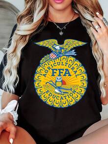 Wonen's National FFA Organization Graphic T-Shirt, Unisex 2026 New Cotton Shirt For Band Print, Casual Retro Elegant Commute Versatile Outfit, Comfortable Loose Fit Crew Neck Short Sleeve Top For Women, Suitable For All Season,Suits All Seasons Seamlessly, Machine Washable For Easy Care, Perfect Gift Choice For Birthdays, Valentine'S Day, Holidays, Or Dedicated Band Fans-An Essential Staple For Every Woman'S Wardrobe - 黑色 - 查看 1