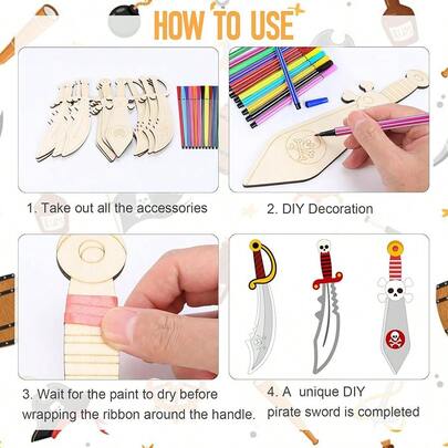 4pcs/8pcs DIY Pirate Wooden Sword, Unfinished Wooden Painting Creation Pirate Knife, Pirate Wooden Sword, Carnival Festival Party Gift Decoration, Painting Art DIY Wooden Board