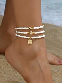 3pcs/Set Women Fashion Minimalist Design Alloy Shell & Starfish Pendant Handmade Beaded Anklet, Suitable For Daily Wear And Beach Vacation - Multicolor - View 1