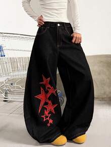 1pc Women's Vintage Street-Style Embroidered Curved Knife Loose Wide-Leg Jeans, Versatile For All Seasons (This Product Does Not Include Belt/Accessories) Spring Casual Black - Black - View 3