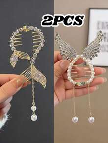 1 pieza/2 piezas Elegantes pasadores de pelo con gato y conejo de rhinestone, pasadores de pelo redondos con borla, perla falsa y oreja de conejo brillante de rhinestone, accesorios diarios para mujeres/niñas, pinzas de pelo, barrettes, accesorios para la cabeza - Multicolor - Ver 11