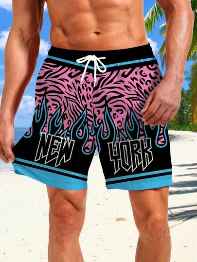 Men's Pink & Black Contrast Flame Graffiti Quick-Dry Beach Shorts, With A Retro Pink And Black Contrast Base, Incorporating Flowing Textures And Flame Elements, Paired With "NEW YORK" Text, Creating A Tense American Street Style Atmosphere.