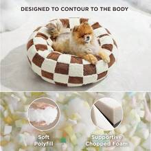 Donut Small Dog Bed - Round Cat Beds Indoor Anti-Anxiety Calming Present For Pets, Washable Cute Modern Beds With Jacquard Shaggy Pl 11ush & Anti Slip Bottom,23 Inch, Brwon - 棕色格子 - 查看 5