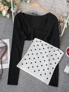 2pcs Women Lightweight Knit Cardigan & Polka Dot Cropped Tank Top Set, Slim Fit Casual Layering Outfit For Spring/Summer - Black and White - View 8