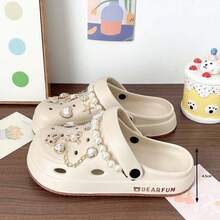 Women's New Versatile Clog Shoes With Pearl Butterfly Decoration, Lightweight Comfortable Indoor Home, Commute, Outdoor Beach, Garden Shoes - Khaki - View 2