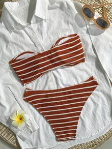 2pcs Ribbed Fabric Bikini Set, Suitable For Graduation Season And Independence Day Vacation - Brown - View 3