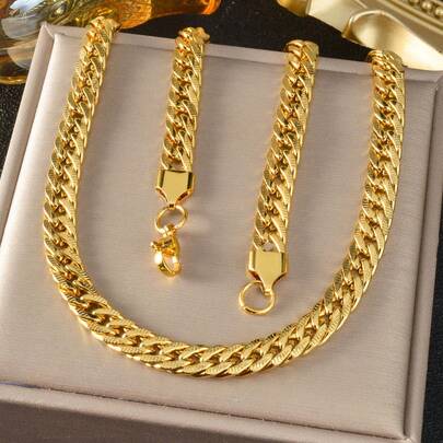 18K Gold Plated Elegant Vintage Woven 60cm Cuban Link Chain Necklace, Shiny, Suitable For Women To Wear Daily As Seasonal Jewelry