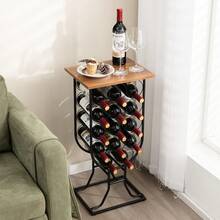 COSTWAY 14 Bottles Wine Rack With Detachable & Lockable Wheels, Movable Wine Storage Organizer W/ Waterproof Top, Solid Metal Frame, Rustic Style Wine Rack For Home Bar, Kitchen, Dining Room, Black - Black - View 1