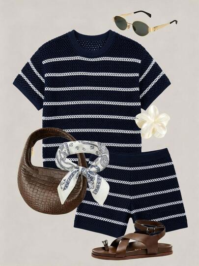 Conjunto de top de manga corta con cuello redondo y pantalones cortos a rayas y calados de punto para mujer Senya, conjunto casual para uso diario, vacaciones, viajes, Año Nuevo, Día de San Valentín