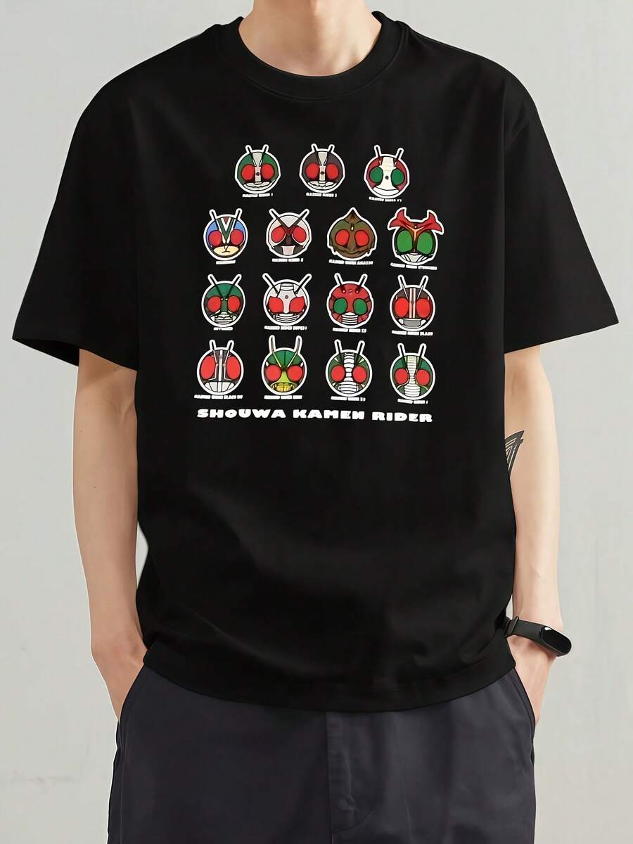 ブラックTシャツ 仮面ライダーのアイコン柄 カッコいい 200g の純綿 T シャツ。グラム重量が高く、質感が高い。日常のレジャーに着用可能。男女兼用のスタイルで、通勤やデートにもマッチする万能アイテムです - ブラック - チェックする 1