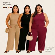 Kit 3 Calça Wide Leg Pantalona Bolsos + Regata Plus Feminino - Vinho+Bege+Preto - Visão 1