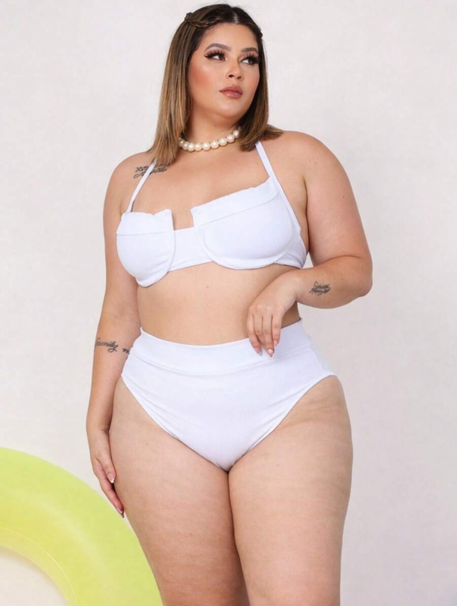 Plus Size Half Cup Bikini Set With High Waist And Adjustable Ties - Ana Ruga Women's - White - View 1