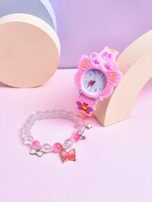 2pcs/Set Creative Rotating Butterfly Dial Watch, Fashion Quartz Wrist Watch & Bracelet For Girls - Pink - View 6