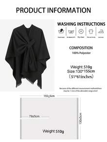 1pc Minimalist Solid Color Faux Cashmere Fringe Design Warm Shawl, Women Casual Soft Outerwear Accessory, Suitable For Autumn/Winter, Daily Wear, Commute, Office, Holiday Gift - Black - View 7