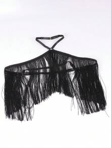 女士黑色露背吊带上衣，饰有流苏，配有可调节弹力吊带，休闲百搭，适合所有季节穿着。 - 黑色 - 查看 6
