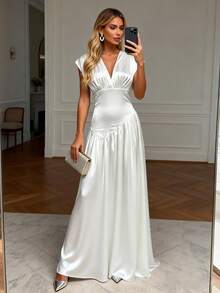 Solid Color Elegant High Slit Backless Zipper Dress, Suitable For Party, Wedding - White - View 1