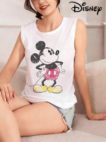 Disney Áo tank top nữ cổ tròn in hình chuột Mickey, chất liệu co giãn nhẹ, không xuyên thấu, dễ giặt ủi, phù hợp cho các hoạt động thể thao ngoài trời và mặc hàng ngày. - trắng - Xem 1