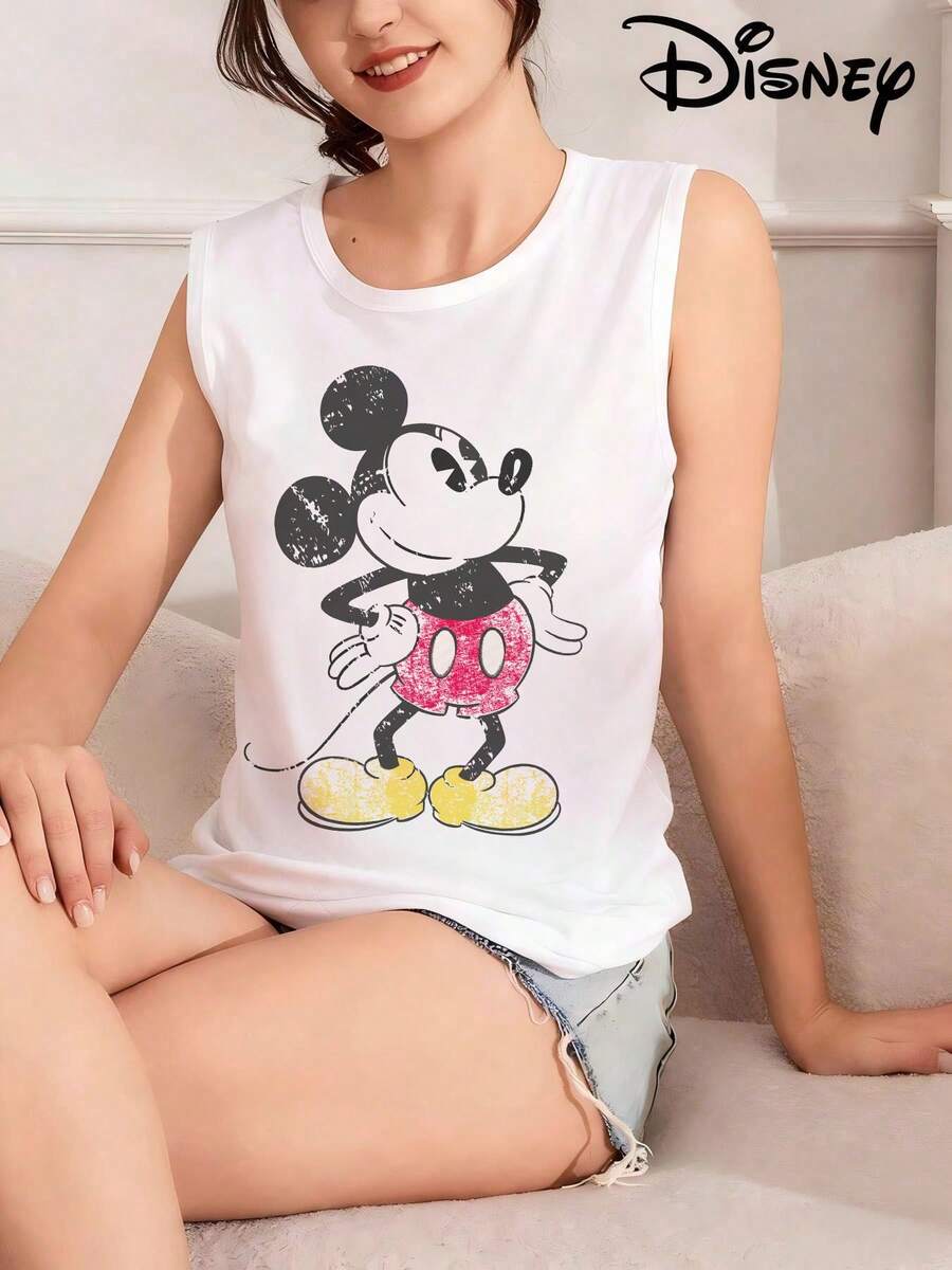 Disney Áo tank top nữ cổ tròn in hình chuột Mickey, chất liệu co giãn nhẹ, không xuyên thấu, dễ giặt ủi, phù hợp cho các hoạt động thể thao ngoài trời và mặc hàng ngày. - trắng - Xem 1