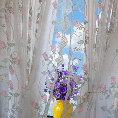 Joivida 1 件法式田园刺绣薄纱窗帘，无需钻孔，适用于阳台、卧室，适合多种场合