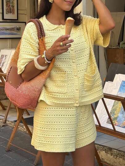 VIBEWAVE Knitted Hollow Crochet Cardigan & Shorts Set, Casual Vacation Beach Outfit
