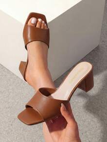 Women Chunky Low Heel Mule Sandals, Comfortable Square Open Toe Slide Sandals Slip On, Versatile Minimalist Chunky Heel Sandals For Summer Spring Casual Wearing - Brown - View 4