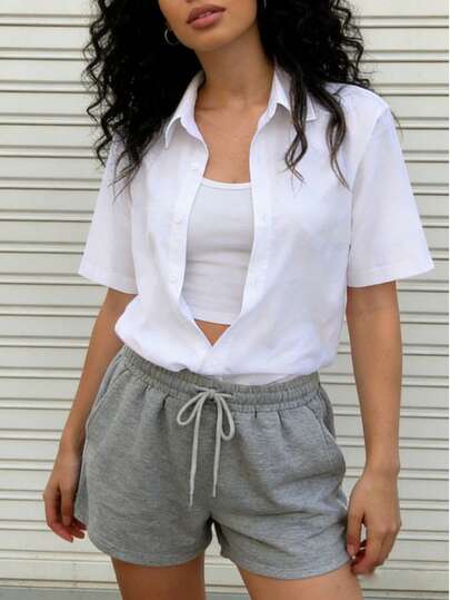 Women's Solid Color Single-Breasted Outdoor Short Sleeve Shirt, Essential For Spring And Summer