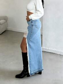 Women's High Slit Distressed Ripped Denim Maxi Skirt - Irregular Frayed Fringe Hem Pocketed Denim Skirt, Spring/Summer Daily Versatile Women's Clothing - Rửa trung bình - Xem 6