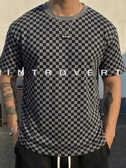 Men's Round Neck Checkered Short Sleeved T-Shirt, Loose, Fashionable, Casual, Versatile, Daily American Retro Top