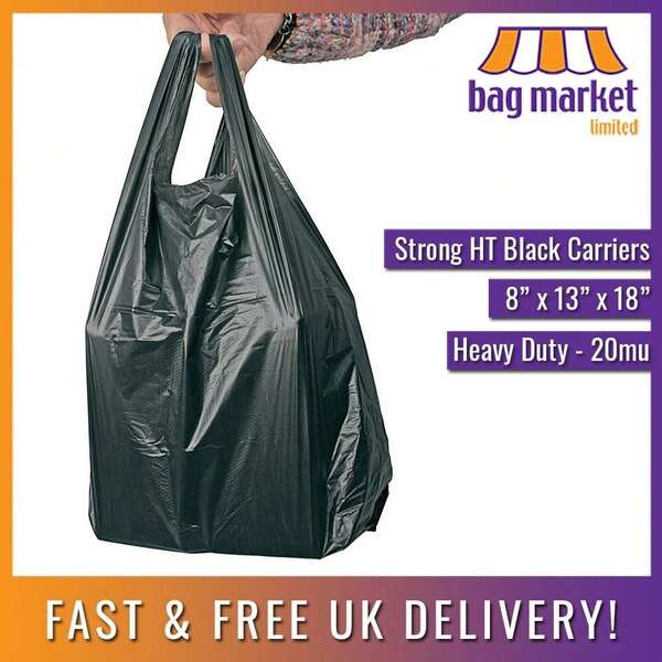 2000 X Strong Black Carrier Bags - Small 8 X 13 X 18" - Doggy, Nappy, Bottle, S2