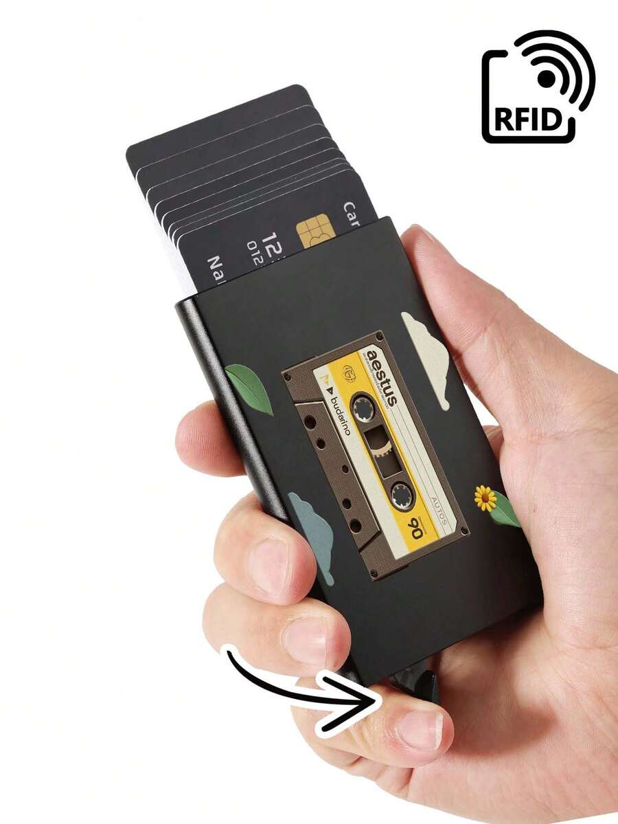 1pc All-Over Printed Cassette RFID Slim Card Case, Wallet For Men & Women, Minimalist Thin Aluminum Metal Wallets With ID/Bank Card Slots, RFID Purse Organizer - Black - View 1
