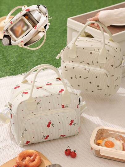 1 pieza Bolsa de almuerzo aislada de pana beige, Bolsa de almuerzo aislada acolchada con cerezas rojas/estrellas, Bolsa de almacenamiento de alimentos, Bolsa de mano acolchada Y2K, Lonchera reutilizable, Bolsa de almuerzo a prueba de fugas, Bolsa aislada de moda retro, Bolsa de almuerzo linda, Bolsa aislada reutilizable de gran capacidad, Bolsa de almacenamiento doméstico, Adecuada para el trabajo, picnic o viaje, escuela, regalo, vuelta al colegio